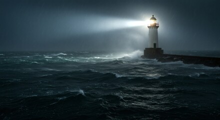 Fototapeta premium A bright lighthouse guides ships through a violent storm over the ocean at night.