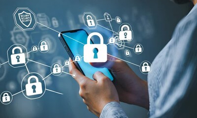 Woman using smartphone with cybersecurity graphics, focusing on online security and data protection