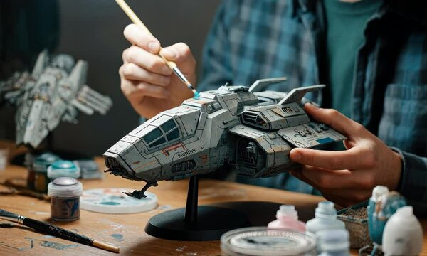 Man painting model spaceship, hobby, creativity, detail work