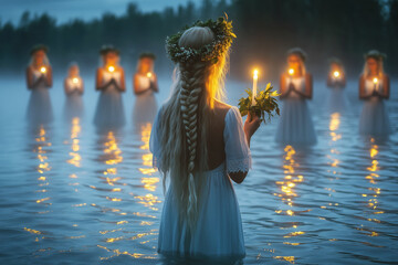 Women Wearing Long White Dress and Wreath Holding Candles Standing in Lake at Night