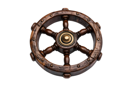 Vintage Wooden Ships Steering Wheel with Brass Centerpiece for Nautical Themes