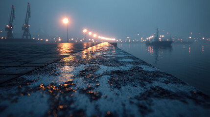 Wet dock edge glistens under streetlights on a foggy night in the harbor, with cranes and ships blurred in the distance creating a mysterious atmosphere.