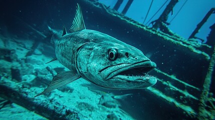 Fototapeta premium Fierce barracuda lurking in shipwreck depths underwater scene aquatic life dark environment close-up view
