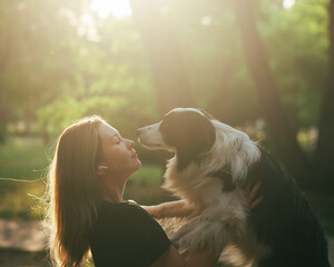 Young Caucasian woman hugging her border collie dog while walking in the park. 