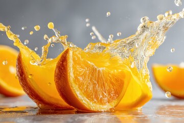 Vibrant splash of juice over sliced oranges, creating a dynamic composition that highlights the freshness and vitality of the citrus fruit, perfect for healthy lifestyle promotion.