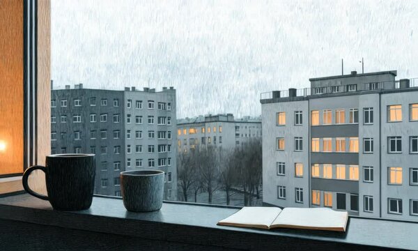 Emotional sketch-style video of Soviet buildings seen from a window during heavy rain