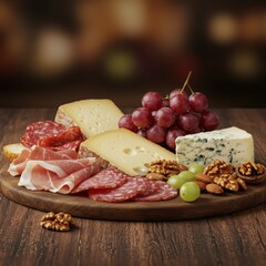 A delicious cheese board featuring various cheeses, grapes, and cured meats arranged beautifully.