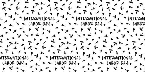 black and white seamless pattern with construction tools. International worker day background