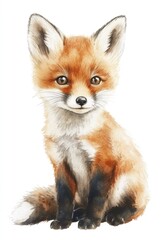 A charming watercolor illustration of a sitting fox cub