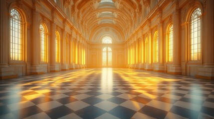 Grand hall with sunlight streaming through arched windows, creating a warm ambiance