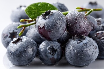 Freshly picked blueberries with water droplets, a close-up shot of vibrant, juicy, and healthy blueberries, perfect for illustrating nutrition and healthy eating concepts.