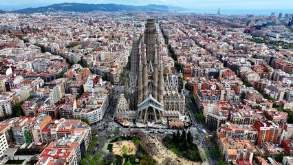 Sagrada Familia Church At Barcelona In Catalonia Spain. Gothic Church Scenery. Downtown Cityscape....