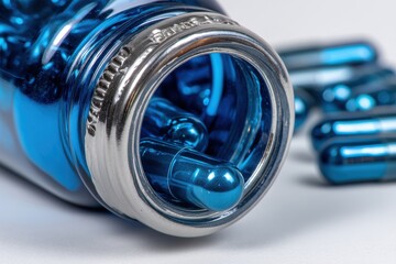 Close-up of blue capsule pills inside a transparent bottle with silver cap, focus on the mouth of the bottle, medicine for medical purposes concept idea.