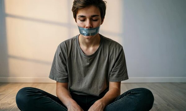 Young person with taped mouth sitting cross-legged, light background