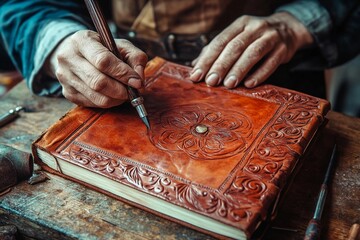 An individual carefully crafting a personalized leather journal with unique details in a dedicated and artistic workspace