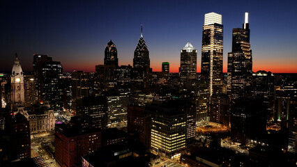 Sunset Skyline In Downtown Philadelphia At Philadelphia In Pennsylvania United States. Highrise Buildings Landscape. Colorful Sunset. Philadelphia At Pennsylvania United States. 