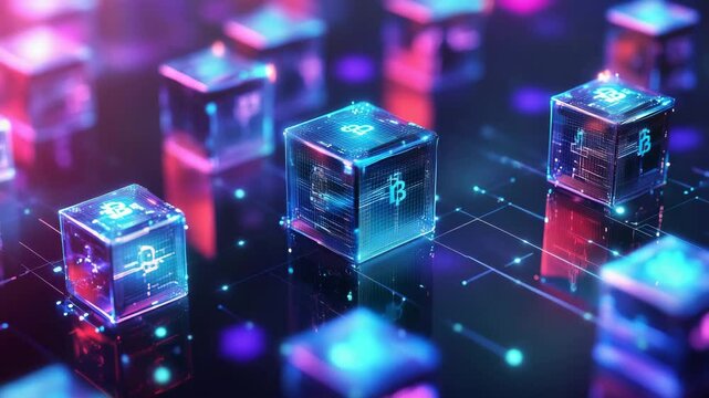 Glowing data cubes floating in digital space representing blockchain network