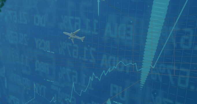 Commercial jet airplane flying across blue 3D grid, featuring dotted line graph and upward arrow