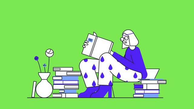 Animated Minimalist Character Reading a Book in a Cozy Workspace with Stacks of Books on Green Screen
