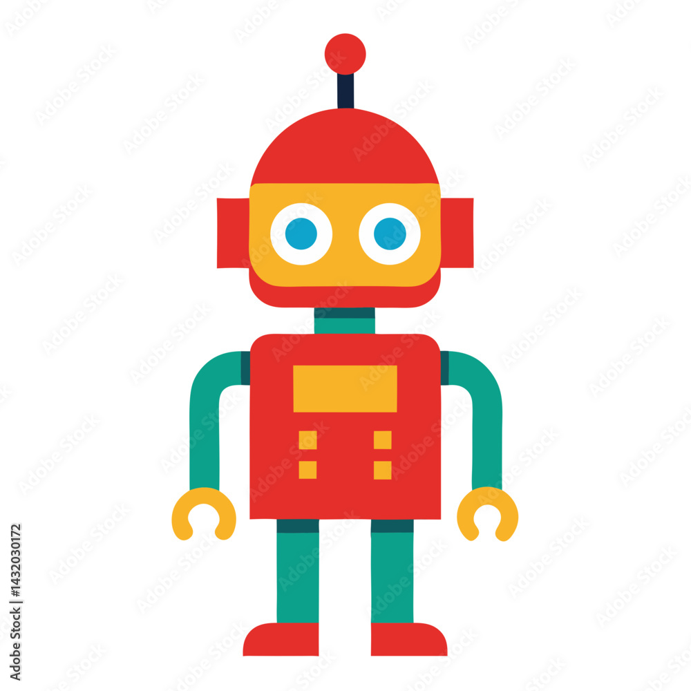 Poster a charming vector illustration of a playful robot character with a unique and friendly design.
