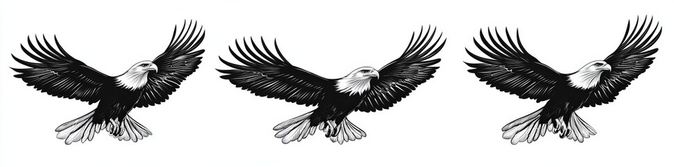 Obraz premium In flight, four eagles exhibit detailed wing designs and varied poses on a simple background