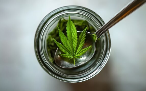 Cannabis Leaf on Spoon in Glass Jar, Top View