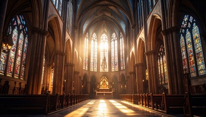 Obraz premium Ancient stone cathedral interior with dramatic light beams through stained glass and soaring gothic arches