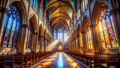Obraz premium Ancient stone cathedral interior with dramatic light beams through stained glass and soaring gothic arches