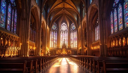 Fototapeta premium Ancient stone cathedral interior with dramatic light beams through stained glass and soaring gothic arches
