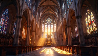 Ancient stone cathedral interior with dramatic light beams through stained glass and soaring gothic arches