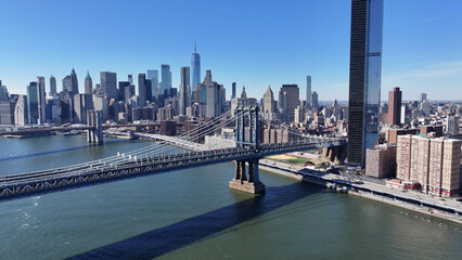 Obraz premium Manhattan Bridge At Manhattan In New York United States. Highrise Buildings Scenery. Brooklyn Bridge Landscape. Manhattan Bridge At New York United States. Highway Road Background. 
