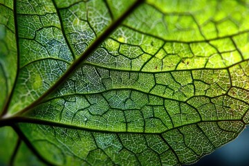 Macro shot showcasing the intricate details of a green leaf, highlighting its complex vein patterns and vibrant chlorophyll under natural sunlight conditions.