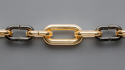 Obraz premium A single shiny golden link connects two long black chain segments, symbolizing strength, unity, breakthrough leadership, and the power of one connection to bind and empower the whole system.