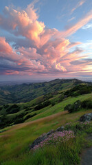 Golden sunlight paints vibrant pink and purple hues across dramatic clouds over rolling green hills in a breathtaking panoramic landscape at sunset.
