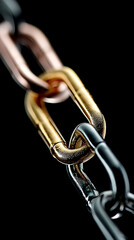 Fototapeta premium A single shiny golden link connects two long black chain segments, symbolizing strength, unity, breakthrough leadership, and the power of one connection to bind and empower the whole system.