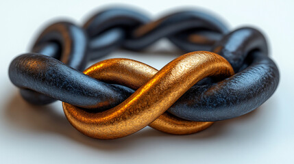 A single shiny golden link connects two long black chain segments, symbolizing strength, unity, breakthrough leadership, and the power of one connection to bind and empower the whole system.


