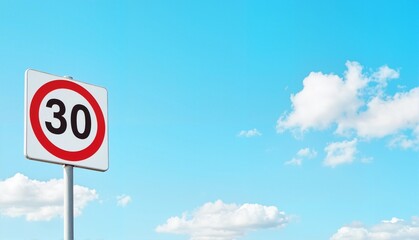 Speed limit sign 30 km/h against a clear blue sky with fluffy clouds, urban environmental concept of traffic signage or road safety