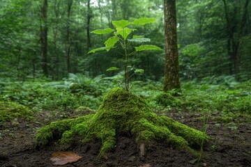 Fototapeta premium Moss-covered root system supports young sapling in vibrant forest during early morning light
