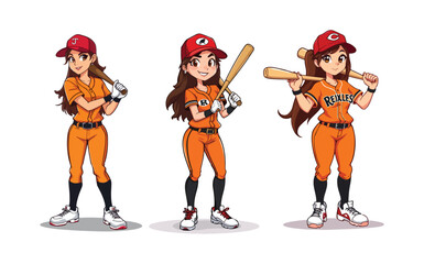 A confident woman playing baseball as batter. flat illustration with vibrant colors