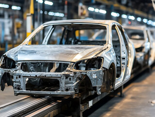 Obraz premium Unfinished car bodies advance along a conveyor belt in a brightly lit factory awaiting further assembly and components.