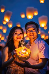 Smiling Asian couple holding kratong with candle. Sky filled with glowing lanterns. Loy Krathong festival, Chiang Mai, romantic tradition, night celebration.
