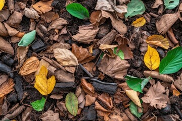 Colorful autumn leaves scattered on the ground in a forest area during the fall season