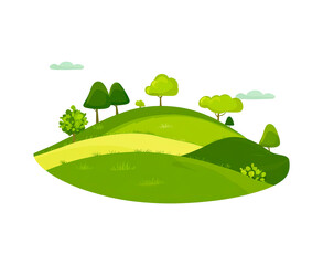 Green hill with trees and grassy landscape illustration isolated on transparent background
