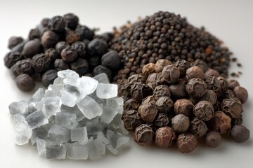 Obraz premium A close-up of various pepper types and a pile of sugar cubes on a white surface, highlighting textural and color variations, ideal for culinary or spice-related themes.