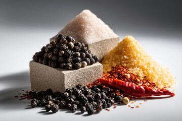 An artistic and close-up composition showcasing black peppercorns, chili flakes, sugar crystals, and a red chili, beautifully arranged in triangular piles on a white background.