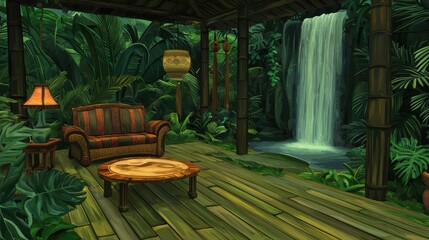 Lush Tropical Waterfall View with Wooden Deck and Couch