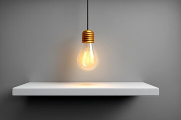A retro-style lightbulb hanging above a white shelf against a gray wall backdrop, creating a warm and inviting atmosphere with its soft, golden light and design.