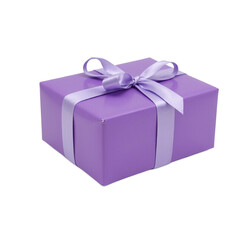 Obraz premium Isolated glossy purple rectangular gift box tied with lilac satin ribbon