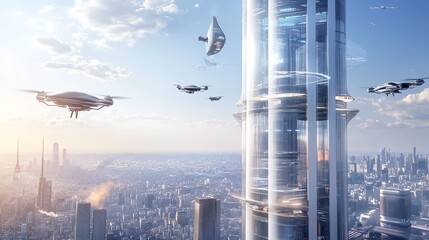 Naklejka premium Futuristic Cityscape Drones Flying Modern Tower Urban Technology Advanced Aerial Vehicles Smart City Transportation Innovation Design Scifi 