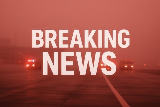 Breaking news alert with emergency vehicles responding on airport tarmac